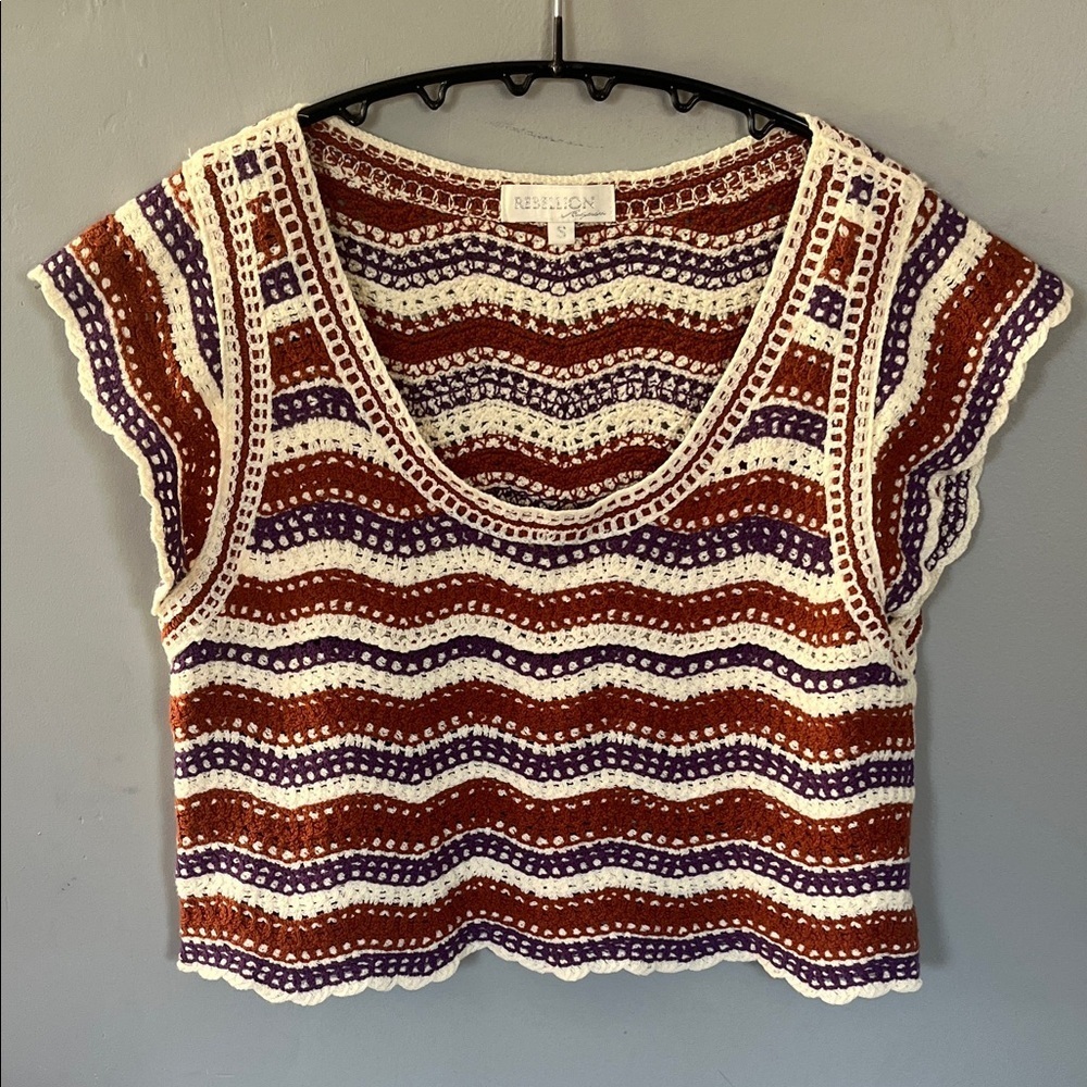 Rebellion White, Brown and Purple Crochet Crop Top Small